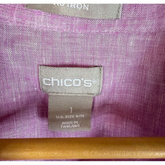 Chico’s Womens Size 8/10 100% Linen Button Down Long Sleeve Roll Tab Pink Office - Picture 2 of 7